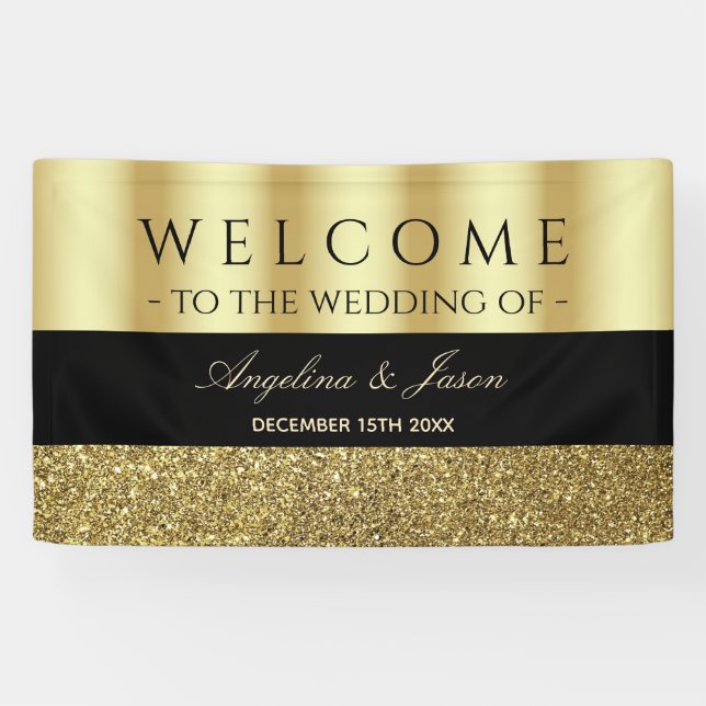 Chic Elegante Black and Gold Wedding Willkommen Banner (Horizontal)