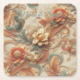 Chic,Elegante Creams & Leder Blume-Look Rechteckiger Pappuntersetzer