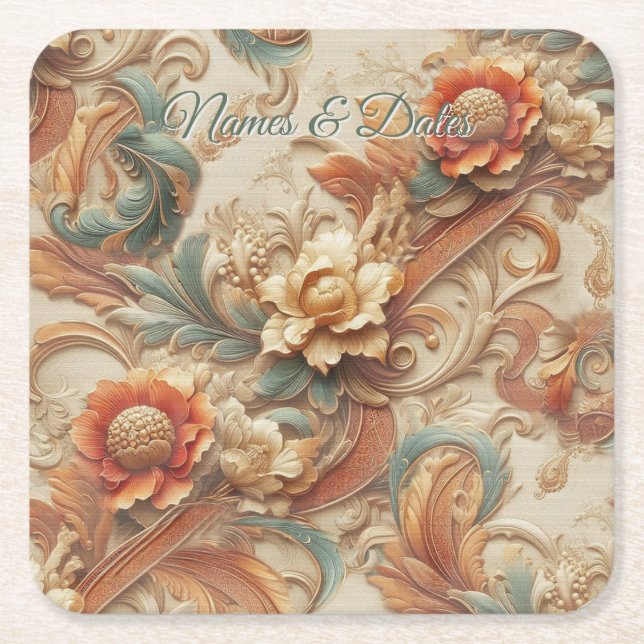 Chic,Elegante Creams & Leder Blume-Look Rechteckiger Pappuntersetzer (Vorderseite)