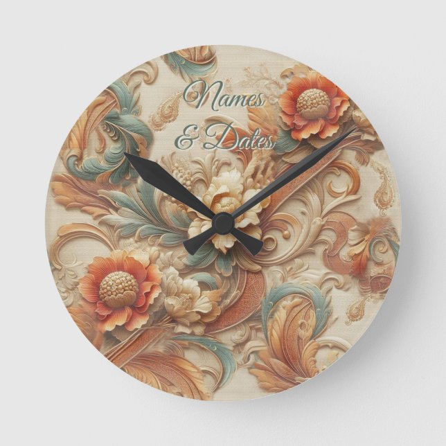 Chic,Elegante Creams & Leder Blume-Look Runde Wanduhr (Vorderseite)