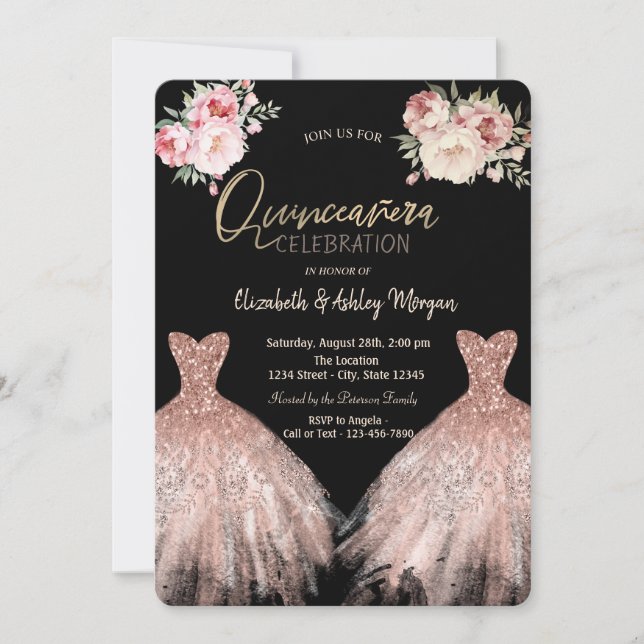 Chic Elegante Dress Floral Black Quinceanera Einladung (Vorderseite)