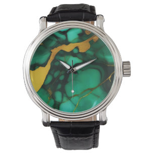 Chic Elegante dunkelgrüne, goldgelbe Imitate Marmo Armbanduhr