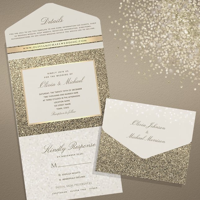 Chic Elegante Glitzer Gold Wedding All In One Einladung (Von Creator hochgeladen)