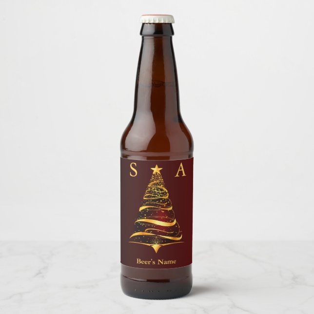 Chic elegante Gold Christmas Tree Monogram Wedding Bierflaschenetikett (Vorderseite)