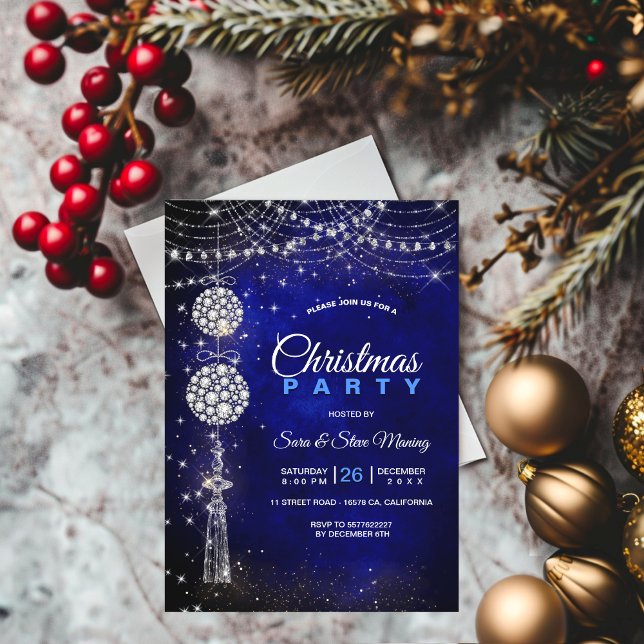 Chic elegante königsblaue Ornamente Weihnachten Einladung (Von Creator hochgeladen)