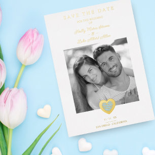 Chic Elegante Light Blue & Gold Heart Foto Couple Folieneinladung