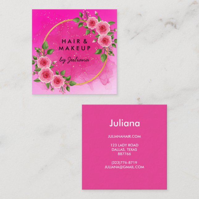 Chic Elegante Rose mit Blumenrahmen Rosa Business Quadratische Visitenkarte (Vorne/Hinten)