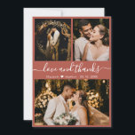 Chic Elegante Script 3 Foto Collage Wedding Dankeskarte<br><div class="desc">Modernes, elegantes "Liebe und Dank" Script Terracotta Wedding 3 Foto Collage Danke Karte. Stilvolle, schicke Hochzeitsvorlage mit drei (3) Foto auf der Vorderseite und einem (1) Foto auf der Rückseite. Mit dem Text "Liebe und Dank" Skript in einer Wirblen kursiven Hand Schrift Schriftzug Swash-Schwanz Schriftart in Weiß auf verbrannten Orange...</div>