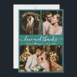 Chic Elegante Script 3 Foto Collage Wedding Dankeskarte<br><div class="desc">Modernes, elegantes "Liebe und Dank" Script Jade Green Wedding 3 Foto Collage Danke Karte. Stilvolle, schicke Hochzeitsvorlage mit drei (3) Foto auf der Vorderseite und einem (1) Foto auf der Rückseite. Mit dem Text "Liebe und Dank" Skript in einer Wirblen kursiven Hand Schrift Schriftzug Swash-Schwanz-Schriftart in weißer Farbe auf jade...</div>