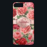 Chic Elegante Vintag rosa Rote Rosen Blumenname Case-Mate iPhone Hülle<br><div class="desc">Chic, elegant, Vintag, rosa, blassviolett, Blumenmuster der Rose. Romantische, mädchenhafte Gestaltung eines Vintagen Blumenrosa, blassviolette rote Rosen mit grünen Blätter auf der Rose goldfarben Hintergrund, mit Rose Gold-Label. Sie können mit Ihrem Namen und Monogramm anpassen. Wenn Sie keine Personalisierung benötigen, können Sie diese löschen. Diese mädchenhafte, farbenfrohe Rose ist eine...</div>