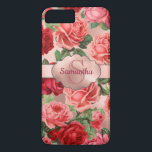 Chic Elegante Vintag rosa Rote Rosen Blumenname Case-Mate iPhone Hülle<br><div class="desc">Chic, elegant, Vintag, rosa, blassviolett, Blumenmuster der Rose. Romantische, mädchenhafte Gestaltung eines Vintagen Blumenrosa, blassviolette rote Rosen mit grünen Blätter auf der Rose goldfarben Hintergrund, mit Rose Gold-Label. Sie können mit Ihrem Namen und Monogramm anpassen. Wenn Sie keine Personalisierung benötigen, können Sie diese löschen. Diese mädchenhafte, farbenfrohe Rose ist eine...</div>