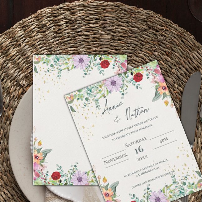 Chic Elegante Watercolor Wildblumen Blumenzehen Einladung (Chic Elegant Watercolor Wildflowers Floral Wedding Invitation)