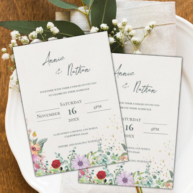 Chic Elegante Watercolor Wildblumen Blumenzehen Einladung (Chic Elegant Watercolor Wildflowers Floral Wedding Invitation)