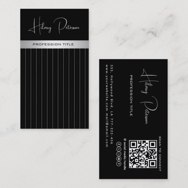 Chic eleganter schwarz/weiß diskreter Streifen Qr- Visitenkarte (Vorne/Hinten)