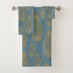 Chic Elegantes Slate Blue Gold Fern Leaf Muster Badhandtuch Set