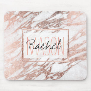 Chic-elegantes Weiß-und Rosen-Goldmarmor-Monogram Mousepad