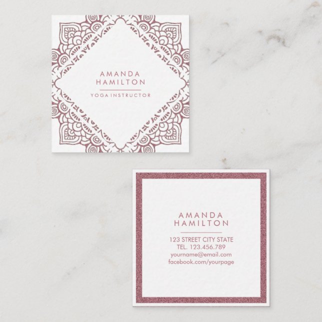 Chic Eleganto White and Rose Gold MANDALA Quadratische Visitenkarte (Vorne/Hinten)