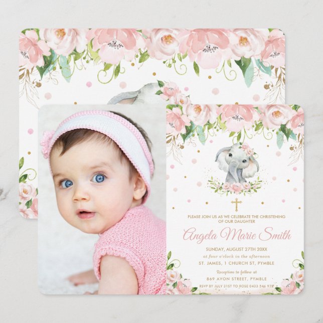 Chic Elephant Blush Pink Bloral Taufe Foto Einladung (Vorne/Hinten)