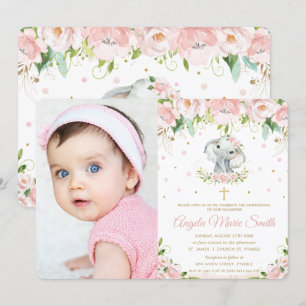 Chic Elephant Blush Pink Bloral Taufe Foto Einladung