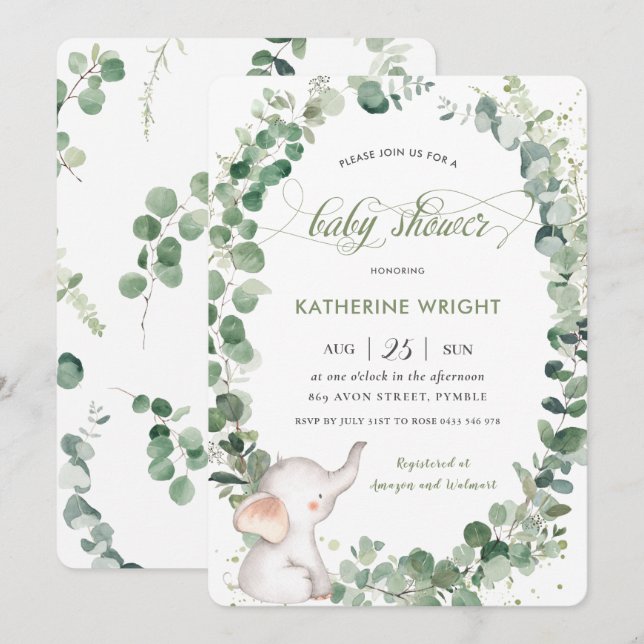 Chic Elephant Greenerity Gender Neutral Baby Dusch Einladung (Vorne/Hinten)