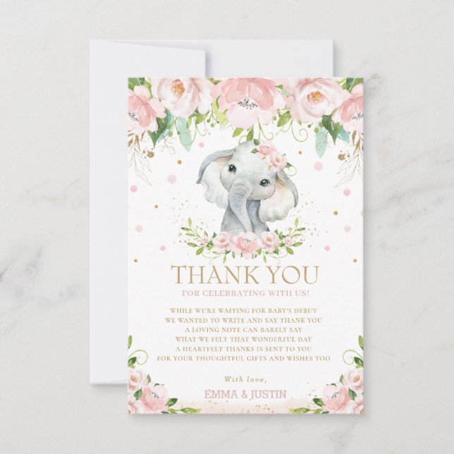 Chic Elephant Pink Floral Baby Dusche 1. Geburtsta Dankeskarte (Vorderseite)