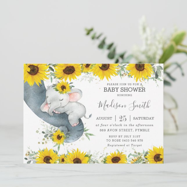 Chic Elephant Sonnenblume Blütenbaby Duschmädchen Einladung (Stehend Vorderseite)