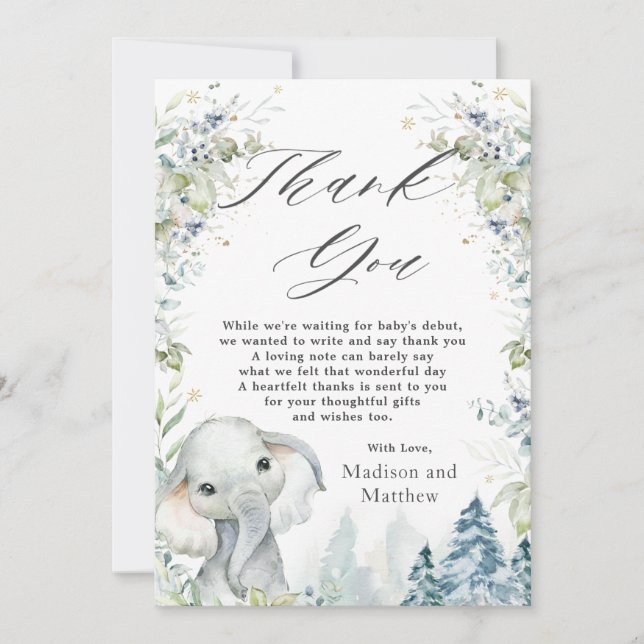 Chic Elephant Winter Wonderland Baby Dusche  Dankeskarte (Vorderseite)