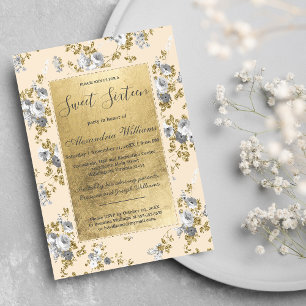 Chic Elfenbein Graugold Glitzer Blüte Sweet 16 Inv Einladung