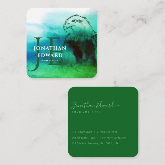 Chic Emerald American Bald Eagle Abstrakt Monogram Quadratische Visitenkarte (Vorne/Hinten)