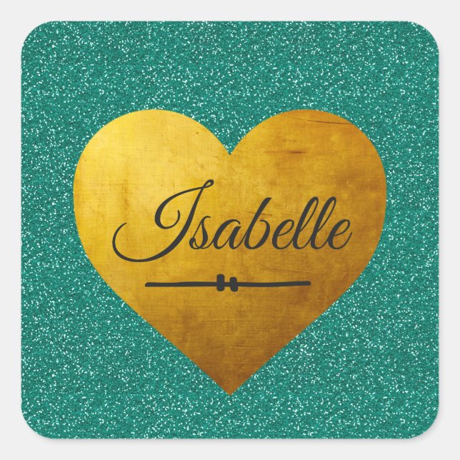 Chic Emerald Glitzer Gold-Herzname Monogram Quadratischer Aufkleber (Vorderseite)