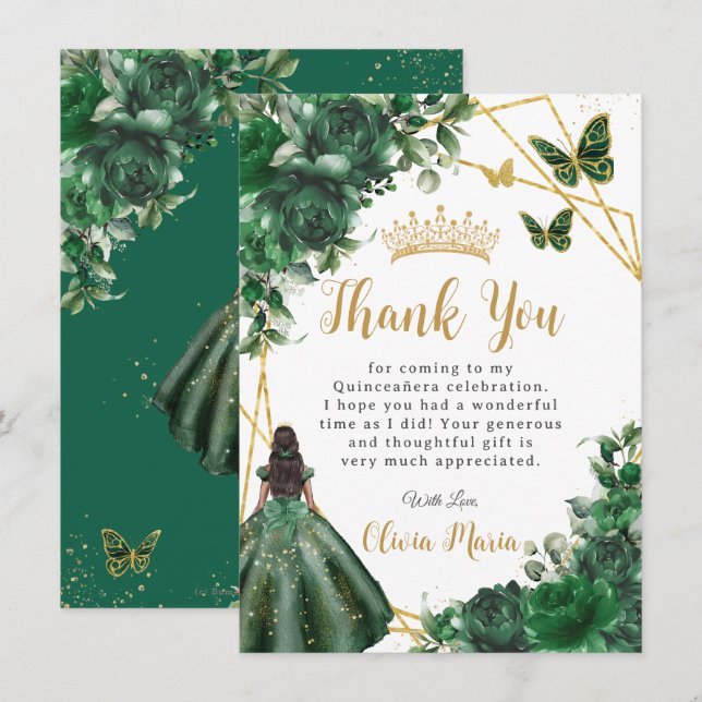 Chic Emerald Green Blume Floral Quinceañera Dankeskarte (Vorne/Hinten)