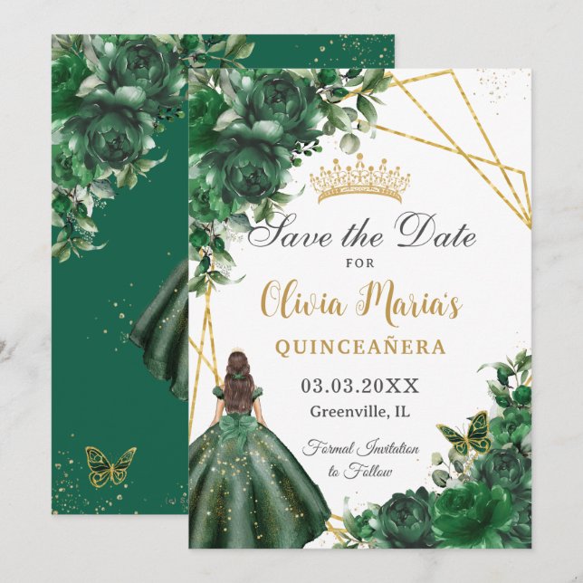 Chic Emerald Green Blume Princess Quinceañera Save The Date (Vorne/Hinten)