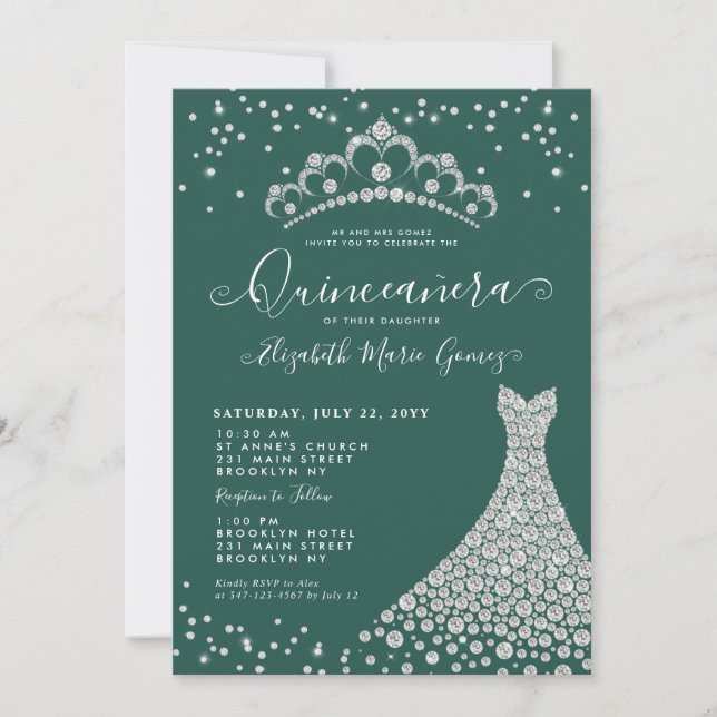 Chic Emerald Green Diamond Tiara Gown Quinceanera Einladung (Vorderseite)