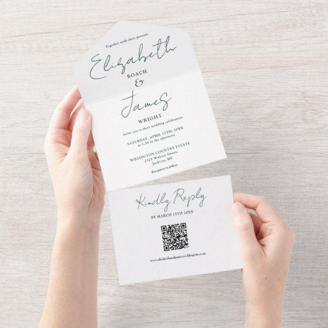 Chic Emerald Green Elegant Script QR Code Wedding All In One Einladung (Abreißen)