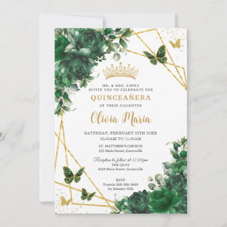 Chic Emerald Green Floral Butterflies Quinceañera Einladung