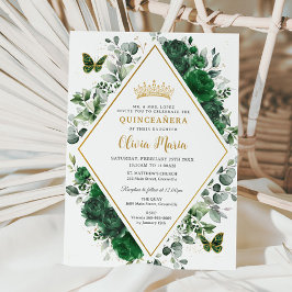 Chic Emerald Green Floral Butterflies Quinceañera Einladung