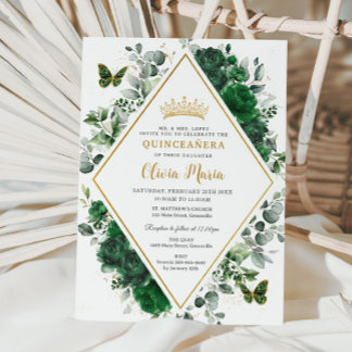Chic Emerald Green Floral Butterflies Quinceañera Einladung
