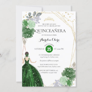 Chic Emerald Green Floral Geometric Quinceañera Einladung