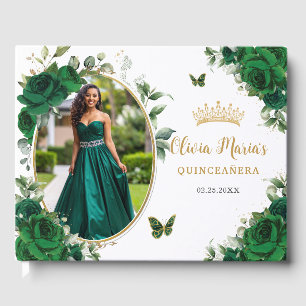 Chic Emerald Green Floral Gold Quinceanera Foto Gästebuch