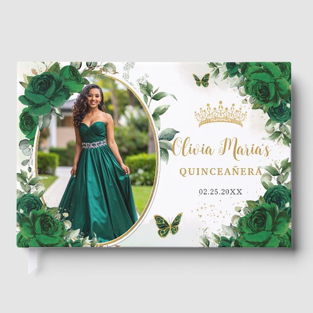 Chic Emerald Green Floral Gold Quinceanera Foto Gästebuch (Vorderseite)