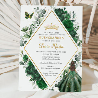 Chic Emerald Green Floral Princess Quinceañera Einladung