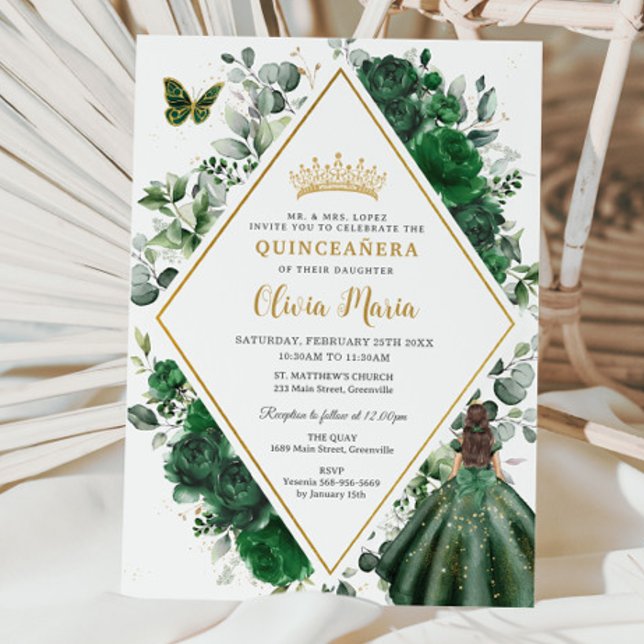 Chic Emerald Green Floral Princess Quinceañera Einladung (Von Creator hochgeladen)