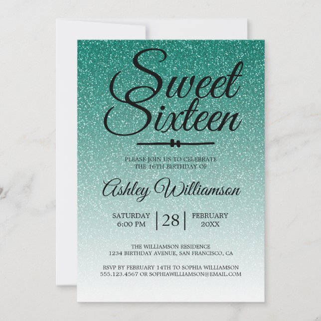 Chic Emerald Green Glitzer Ombre Sweet 16 Geburtst Einladung (Vorderseite)