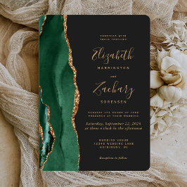 Chic Emerald Green Gold Agate Dark Rounded Wedding Einladung