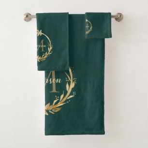 Chic Emerald Green Gold Monogram Eucalyptus Wreath