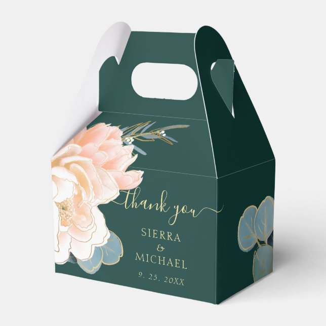 Chic Emerald Green Gold Peach Cream Floral Wedding Geschenkschachtel (Vorderseite)