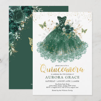 Chic Emerald Green Gold Quinceañera Princess Gown Einladung