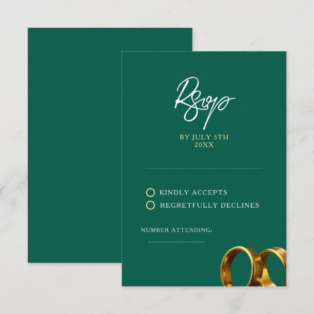 Chic Emerald Green Gold Rings Wedding RSVP Karte (Vorne/Hinten)