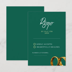 Chic Emerald Green Gold Rings Wedding RSVP Karte