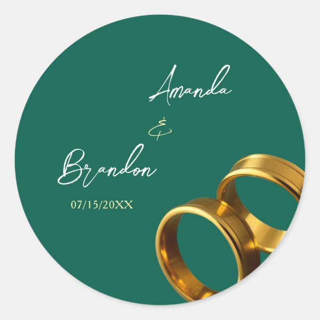 Chic Emerald Green Gold Rings Wedding Runder Aufkleber (Vorderseite)